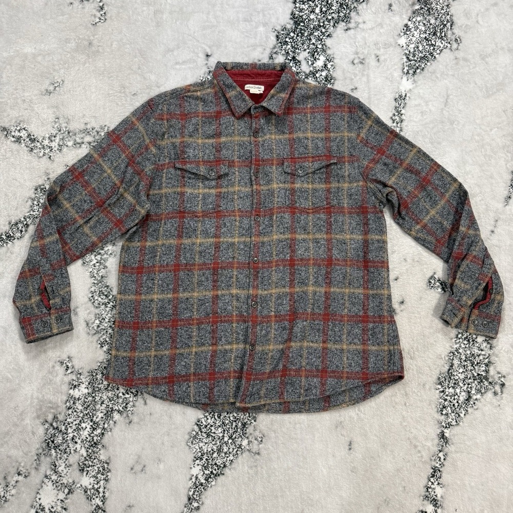 Carbon2Cobalt Mens XL Plaid Flannel Shirt Gray Red Tan Button Up 100% Cotton